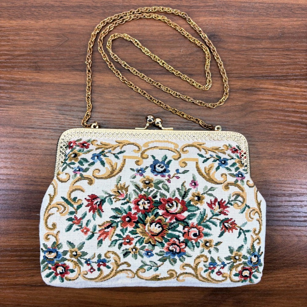 Walborg Vintage 50s Needlepoint Shoulder Bag 8x6 Cream Floral Cottagecore